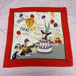 Vintage 89 Looney Tunes Bandana THAT'S 50 FOLKS Taz Bugs Bunny 22x21 USA Rare